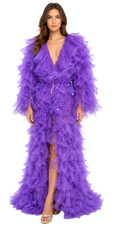 Long Purple Organza Ruffle Coat with Long Sleeves and Highlight Sequins