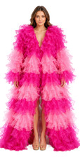 Long Fuchsia and Pink Organza Ruffle Coat with Long Sleeves and Highlight Sequins