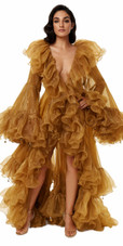 Long Organza Ruffle Coat with Oversized Sleeves and Highlight Sequins in Gold