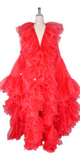 Long Organza Ruffle Coat with Oversized Sleeves and Highlight Sequins in Red from SequinQueen.