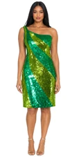 Short Handmade Patterned Hologram Green and Metallic Lime Pattern Sequin Dress  With One-shoulder Cut