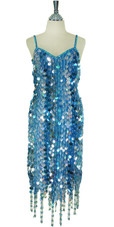 Short Patterned Handmade Paillette Sequin Dress in Blue and silver with Jagged and Beaded Hemline front view