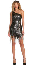 Short Handmade Black Sequin Dress In Metallic & Hologram Sequins With A One Shoulder Cut & Beads