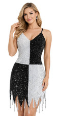 Short handmade sequin dress in 8mm cupped black and white sequins