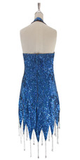 A short handmade sequin dress, in 8mm cupped metallic blue sequins with silver faceted beads back view