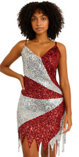 Short handmade sequin dress in 8mm cupped metallic red and silver with silver faceted beads