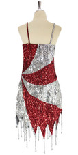 A short handmade sequin dress, in 8mm cupped metallic red and silver with silver faceted beads back view