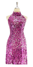 A short sequin fabric dress, in Duality fuchsia and silver sequins front view