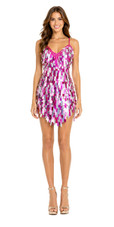 Short handmade sequin dress with rectangular hologram silver and fuchsia mixed paillette sequins and a V-shaped hemline