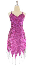 A short handmade sequin dress, in 8mm cupped dark pink sequins with silver beads front view