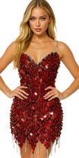 Short handmade sequin dress in red hologram paillette sequins with silver beads