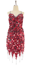 A short handmade sequin dress, in red hologram paillette sequins with silver beads front view
