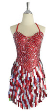 A short handmade sequin dress, with 10mm hologram red fishscale sequins overlaid with silver faceted beads front view