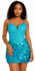 Short handmade sequin dress, with 10mm hologram turquoise fishscale sequins
