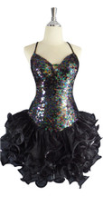 A short handmade sequin dress, in 10mm flat iridescent dark sequins with a black ruffled organza skirt front view