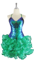 A short handmade sequin dress, in 10mm iridescent green fishscale sequins front view