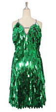 A short handmade sequin dress, in rectangular emerald green paillette sequins front view