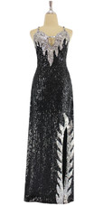 A long handmade sequin dress, in silver and black 8mm cupped metallic sequins front view