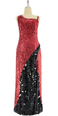 A long handmade sequin dress, in red 8mm cupped sequins with black paillette hanging sequin front view