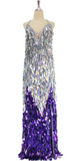 A long handmade sequin dress, in diamond shaped paillette sequins of purple and iridescent silver front view