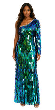 Long handmade sequin dress, in rectangular paillette metallic iridescent green sequins