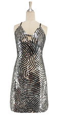 A short handmade sequin dress, in 10mm black and metallic silver swirl patterned sequins front view