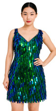 Short handmade sequin dress, in rectangular iridescent green paillette sequins