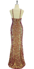 A long handmade sequin dress, in 8mm cupped iridescent red, orange and pale green sequins back view