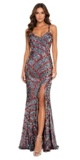 Long handmade sequin dress, in 8mm cupped hologram Silver and Red sequins
