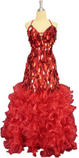 A long handmade sequin dress, in metallic red rectangular paillette sequins front view