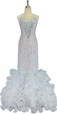 A long handmade sequin dress, in 8mm cupped iridescent transparent sequins front view