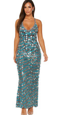 Long handmade sequin dress, in 20mm hologram turquoise paillette sequins with silver faceted beads