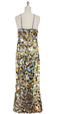 A long handmade sequin dress, in 30mm hologram silver  and gold mixed paillette sequins with silver faceted beads back view