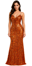 A long handmade sequin dress, in 20mm hologram copper-brown paillette sequins with silver faceted beads