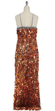 A long handmade sequin dress, in 20mm hologram copper-brown paillette sequins with silver faceted beads back view