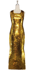 The Gold Bullion Gown. A long handmade sequin dress, in 10mm fishscale liquid gold sequins front view