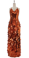 A long handmade sequin dress, in 10mm flat metallic sequins on the bodice and paillette rectangle sequins in copper front view