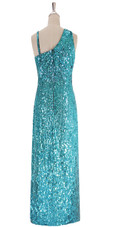 A long handmade sequin dress, in 8mm classic turquoise cupped sequins back view