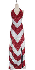 A long handmade sequin dress, in 8mm cupped red and silver sequins front view