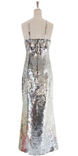 A long handmade sequin dress, in 10mm fishscale metallic silver sequins back view