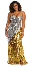 Long handmade sequin dress, in rectangular paillette metallic silver and gold sequins