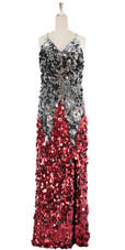 A long handmade sequin dress, in metallic silver and red paillette sequins front view