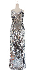 A long handmade sequin dress, in paillette metallic silver sequins front view