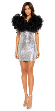 Short Silver Sequin Fabric Dress With Black Ruffles At Neckline