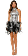 Short Silver Sequin Fabric Dress With Black And Grey Strips Ruffle Skirt