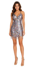 Short handmade sequin dress, in 8mm cupped mixed multicolored sequins with a straight, beaded hemline