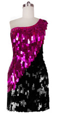 Short Handmade Rectangle Paillette Sequin Dress in Fuscia and Black with One-shoulder Cut front view