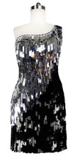 Short Handmade Rectangle Paillette Sequin Dress in Black and Silver with One-shoulder Cut front view