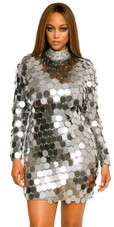Short Handmade Silver Metallic Sequin Dress With Long Sleeves.