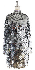 Short Handmade Silver Metallic Sequin Dress With Long Sleeves - Front View